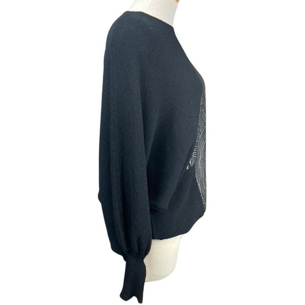 Vintage 80s Womens (L) Black‎ Knit Batwing Sweater Leather Applique Mobwife - Picture 3 of 7